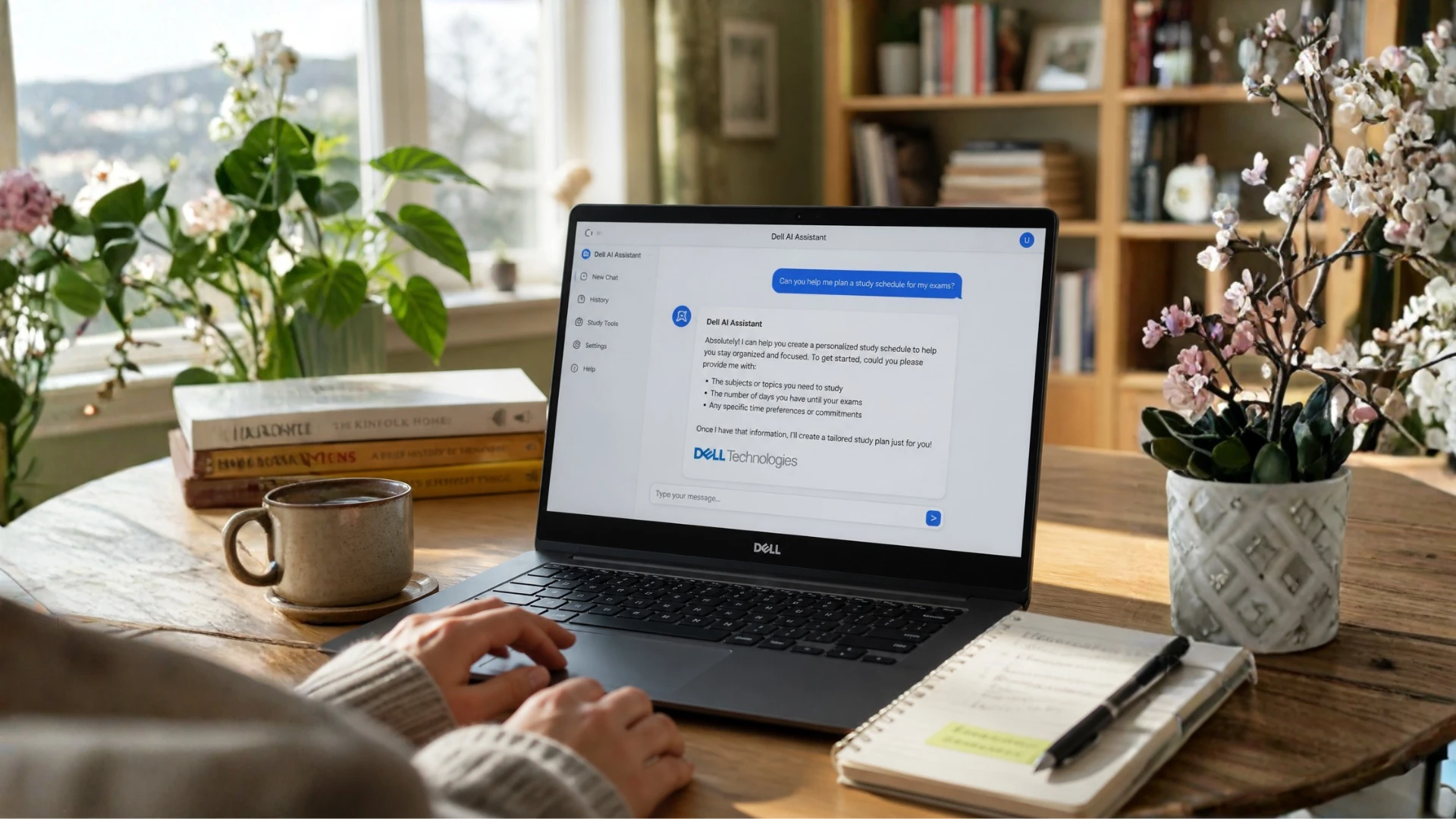A person at a laptop reviewing how an AI assistant answers a question in a bright home workspace