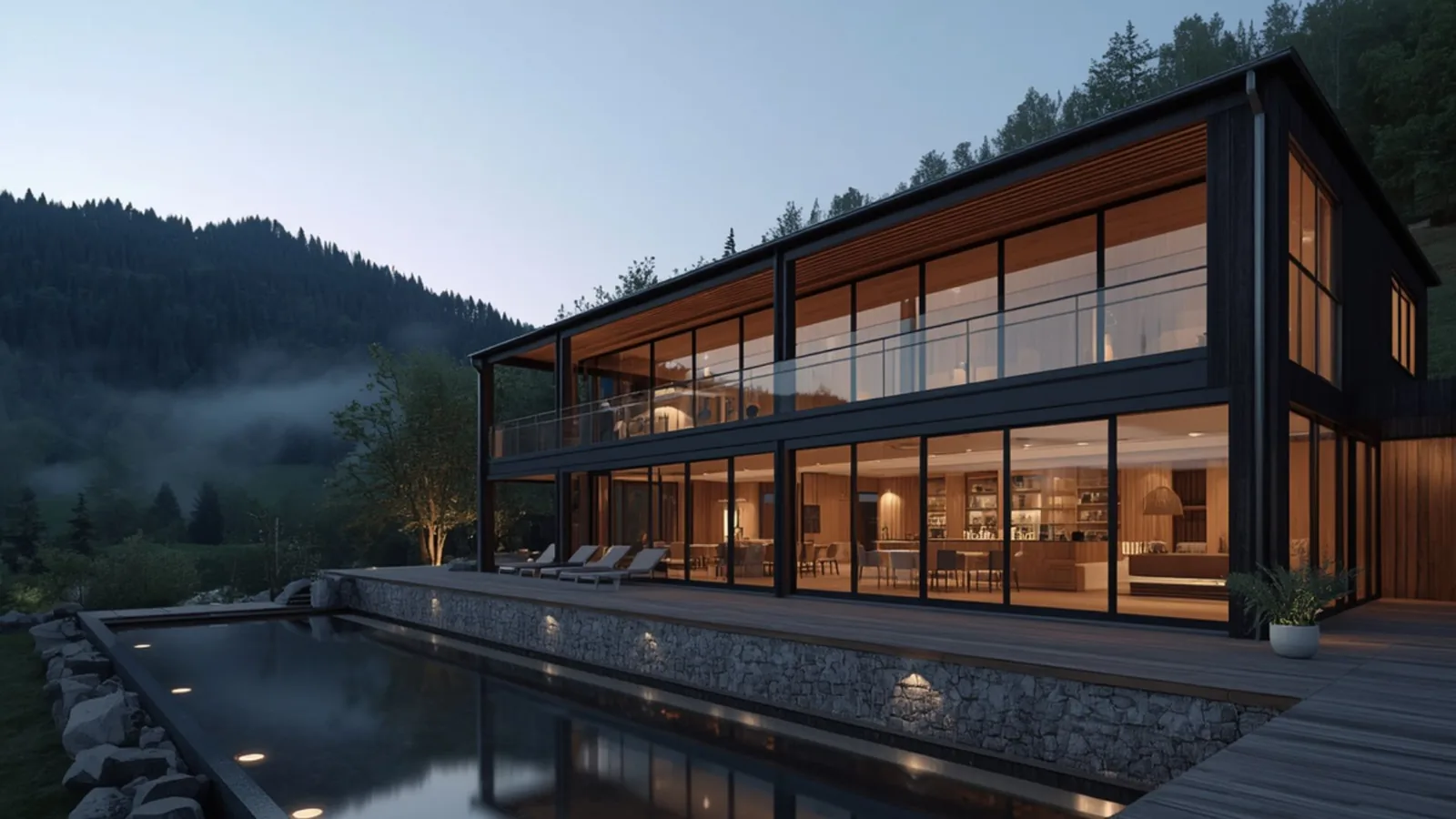 Modernes Hotel mit Pool in der Abenddämmerung