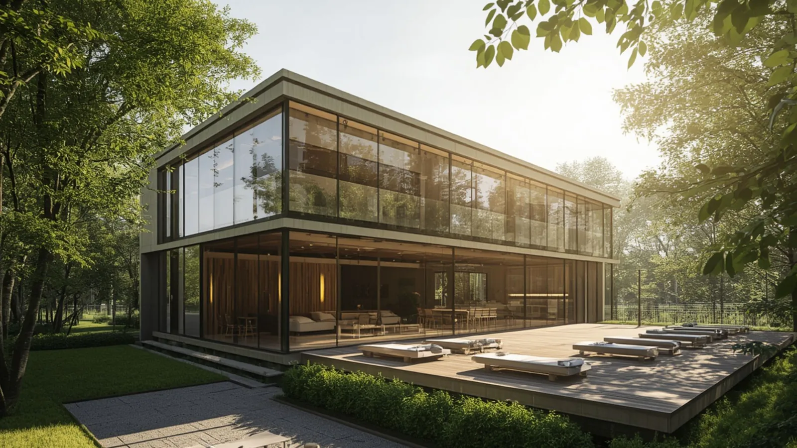 Modernes Hotel im Grünen mit großen Glasfronten