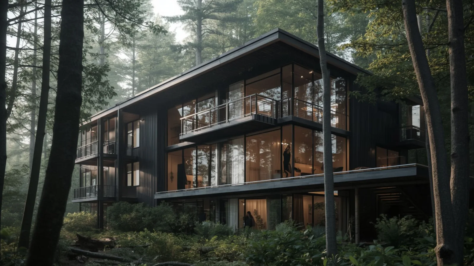 Modernes Hotel im Wald am Abend