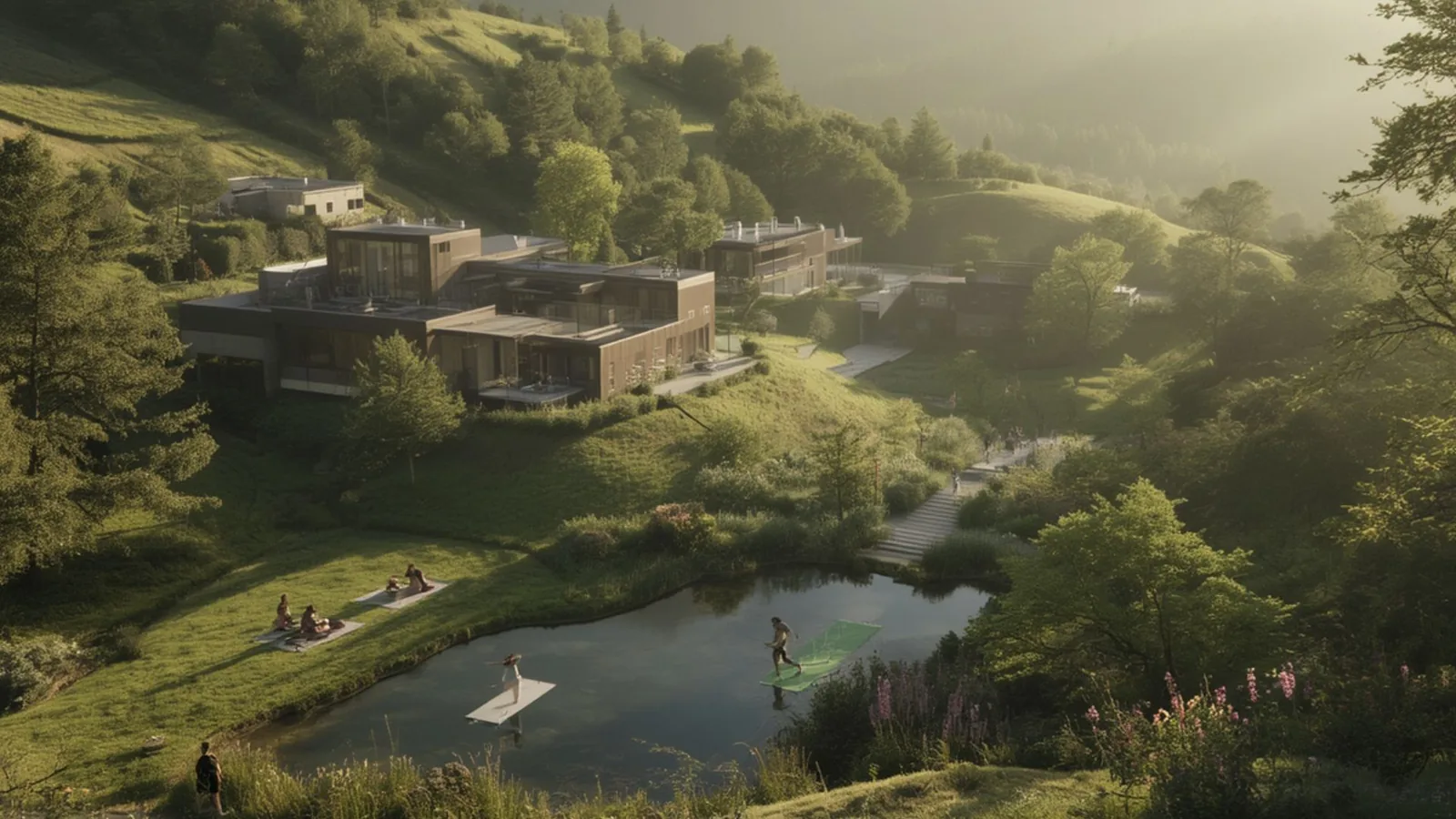 Hotelanlage in den Hügeln mit Teich