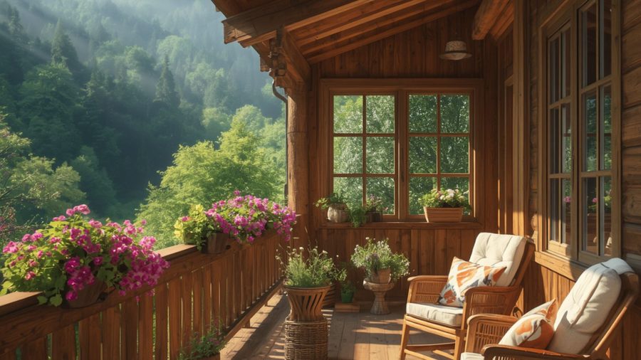 Chalet balcony with flowers overlooking a forested valley
