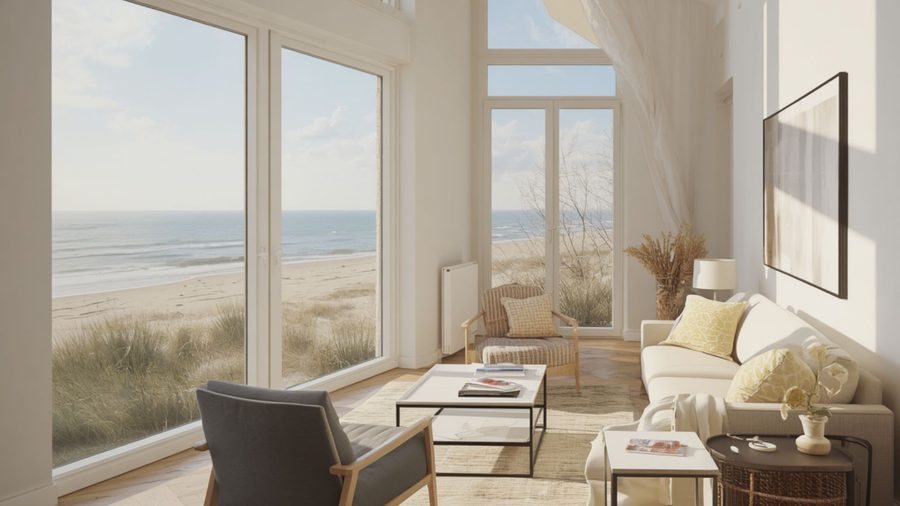 Bright beach-house living room with sea view