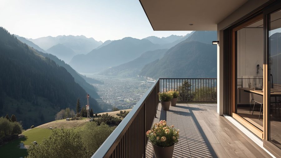 Modern balcony overlooking an alpine valley