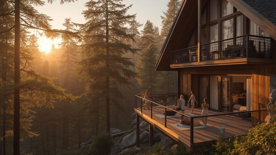 Yoga auf der Terrasse einer Waldlodge bei Sonnenuntergang