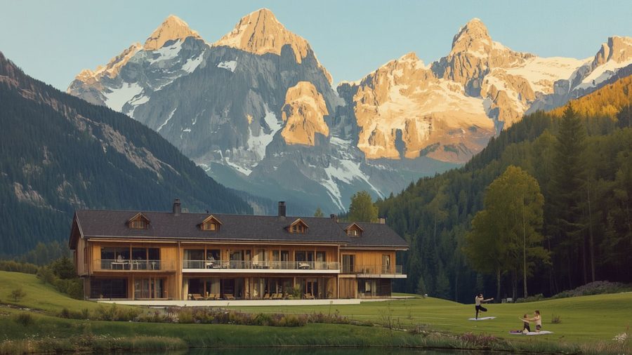 Wellnesshotel vor alpinen Gipfeln